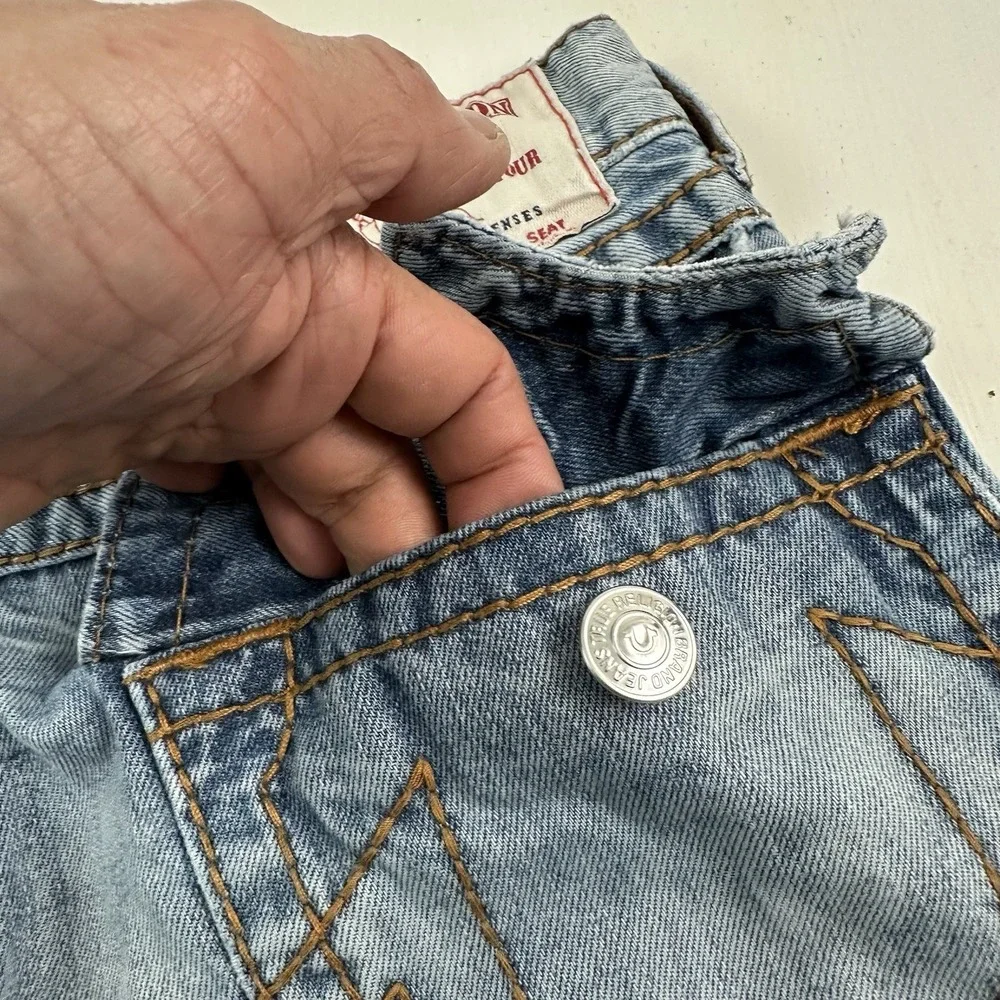 True Religion Slim Fit Jeans Men 29x34 Blue Distressed Flap Pockets‎ Light Wash